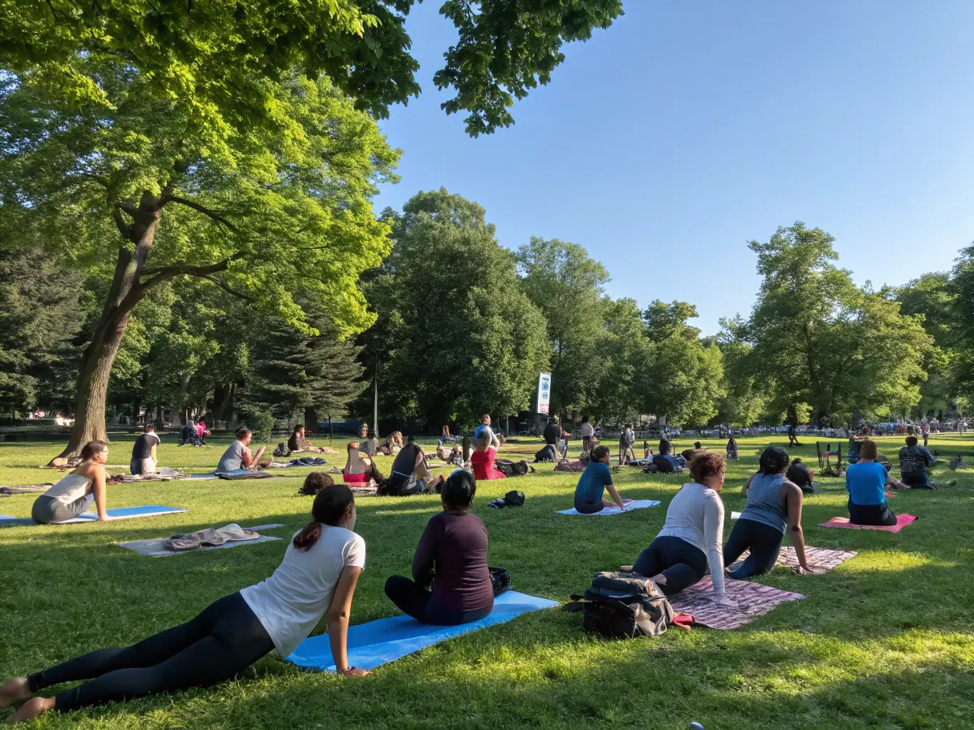 A peaceful scene of a group practicing yoga outdoors at sunrise, with a focus on serenity and mindfulness.