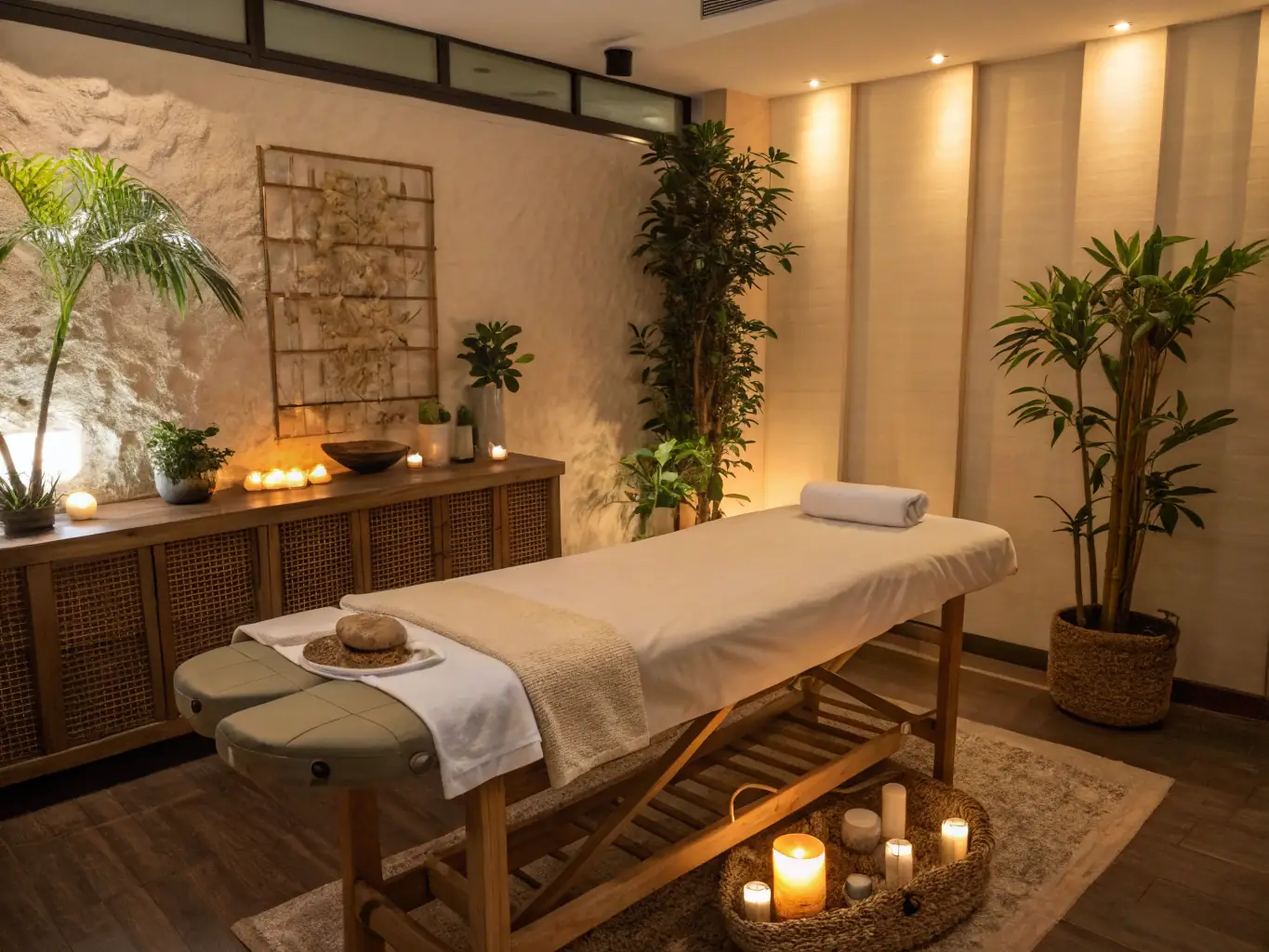 A calming image of a client receiving a massage in a tranquil studio setting, with soft lighting and relaxing decor.