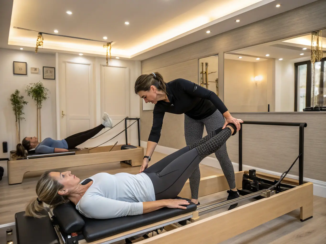 An instructor guiding a client through a Pilates exercise on a reformer machine in a bright, airy studio.