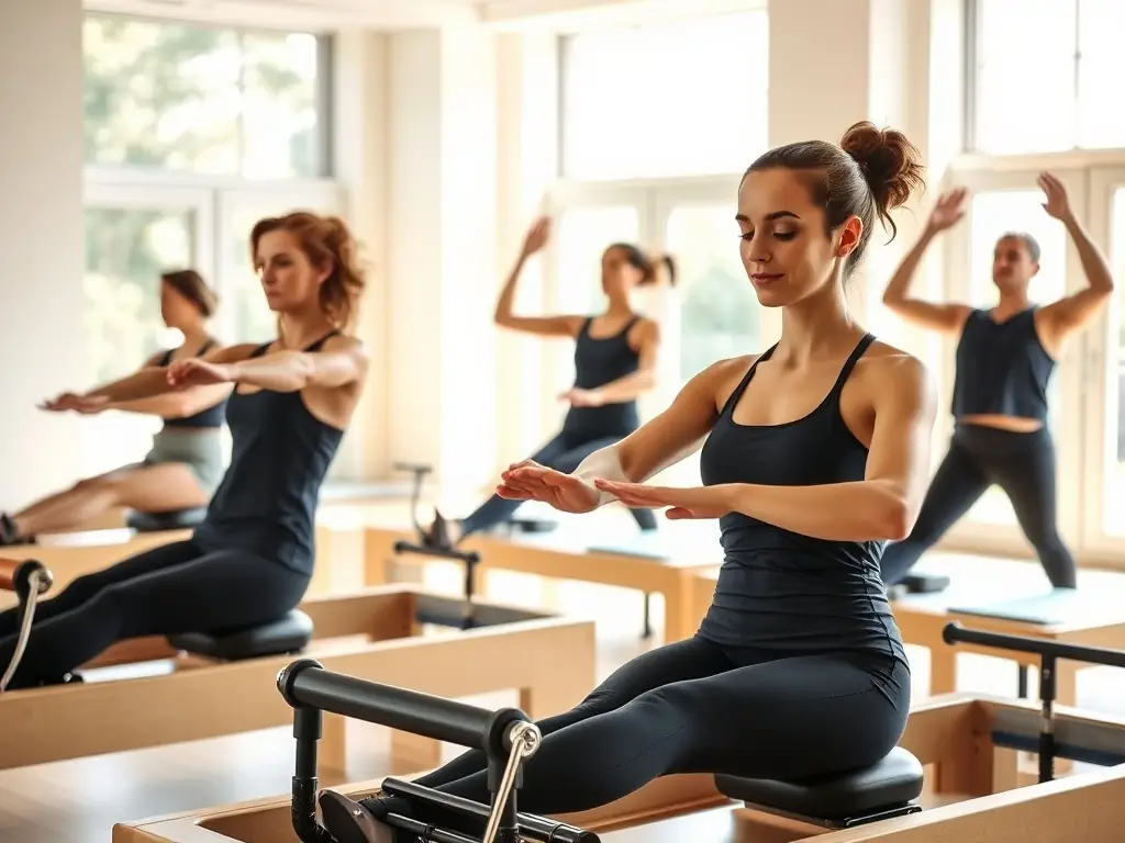 A serene image of a Pilates class in session, focusing on core engagement and controlled movements, with participants using reformers and mats in a sunlit studio.