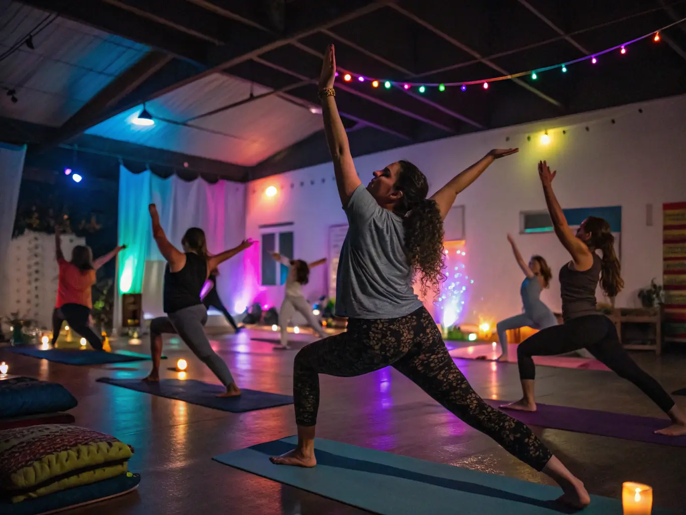 A dynamic image of a group participating in a Vinyasa yoga flow, showcasing strength, flexibility, and coordination in a modern studio.