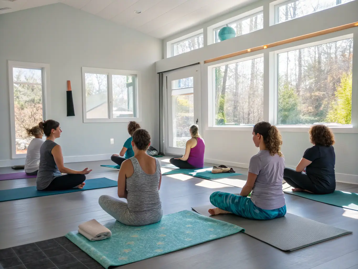 A calming image of a yoga class practicing gentle poses in a peaceful studio setting, emphasizing relaxation and mindfulness.