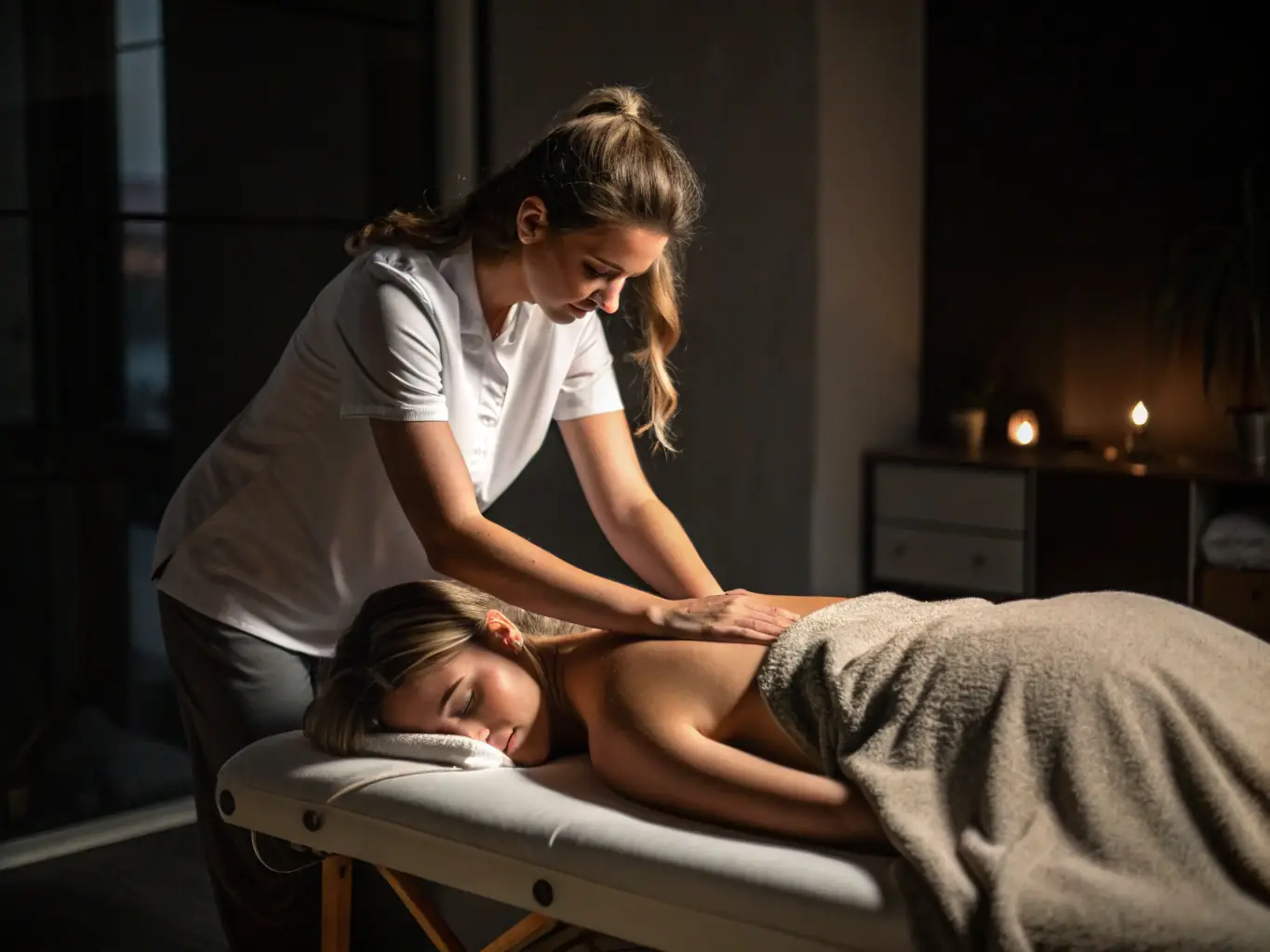 A serene massage room with soft lighting, featuring a massage therapist working on a client's back, focusing on relaxation and muscle relief.
